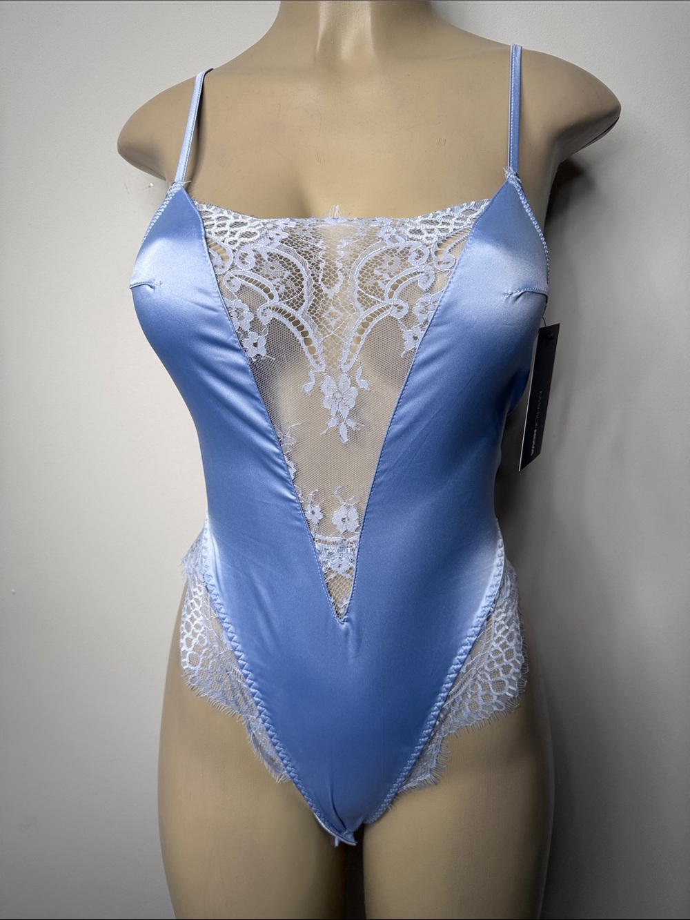 Fashion Nova Isn’t she Lovely Light Blue Satin & White Lace Plunge Bodysuit